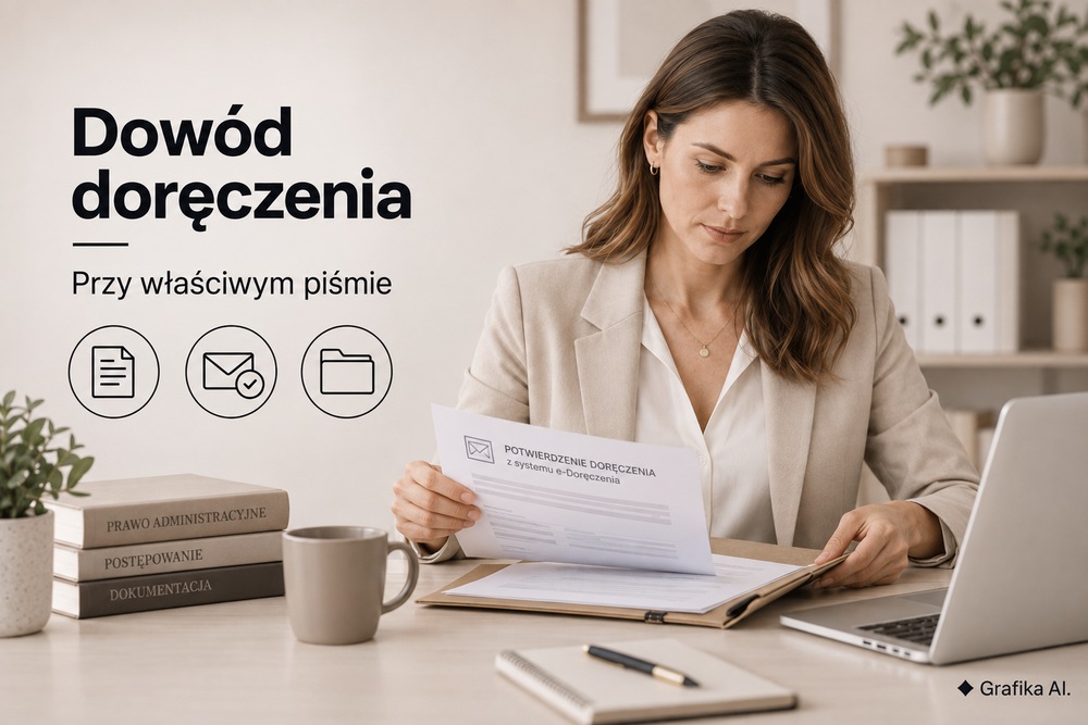 Specjalistka wiąże potwierdzenie doręczenia z dokumentami w teczce sprawy – grafika AI