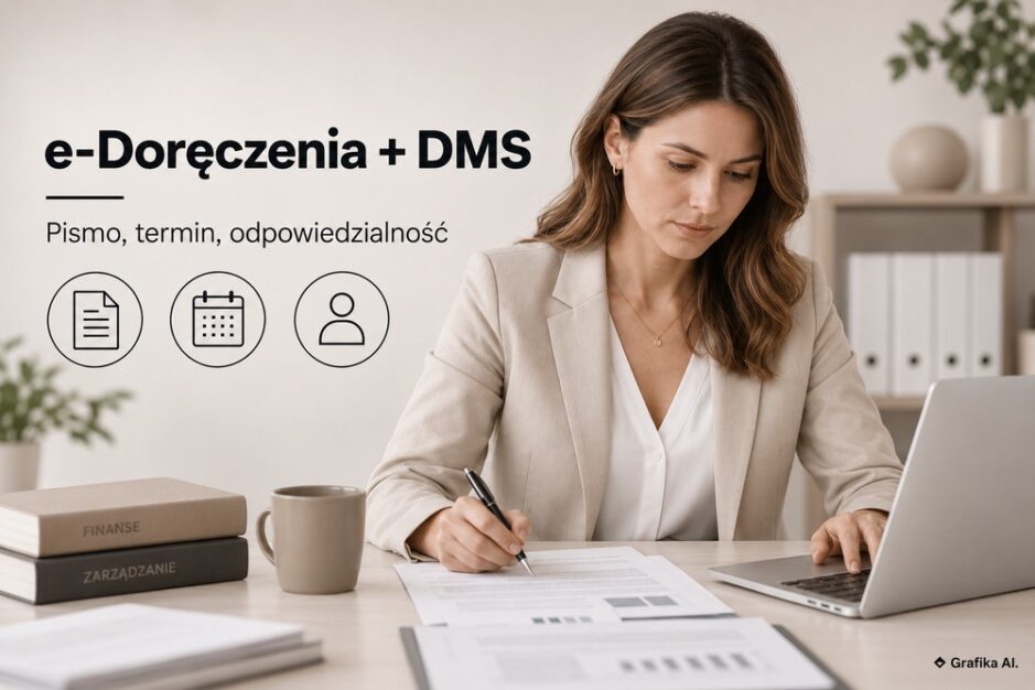 Specjalistka rejestruje pismo urzędowe przy laptopie; ikony pisma, terminu i osoby odpowiedzialnej – grafika AI