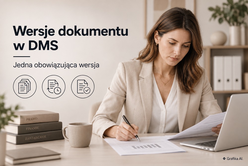 Kobieta analizuje dokumenty przy laptopie; napis „Wersje dokumentu w DMS”. Grafika AI.