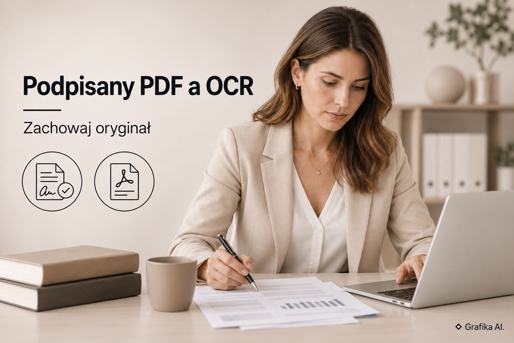 Kobieta przy laptopie i dokumentach; napis „Podpisany PDF a OCR – Zachowaj oryginał”. Grafika AI.