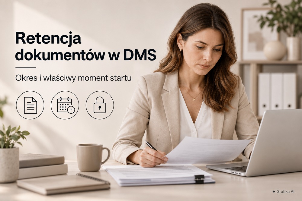 Retencja dokumentów w DMS — okres i właściwy moment startu; kobieta porządkująca dokumenty przy laptopie.