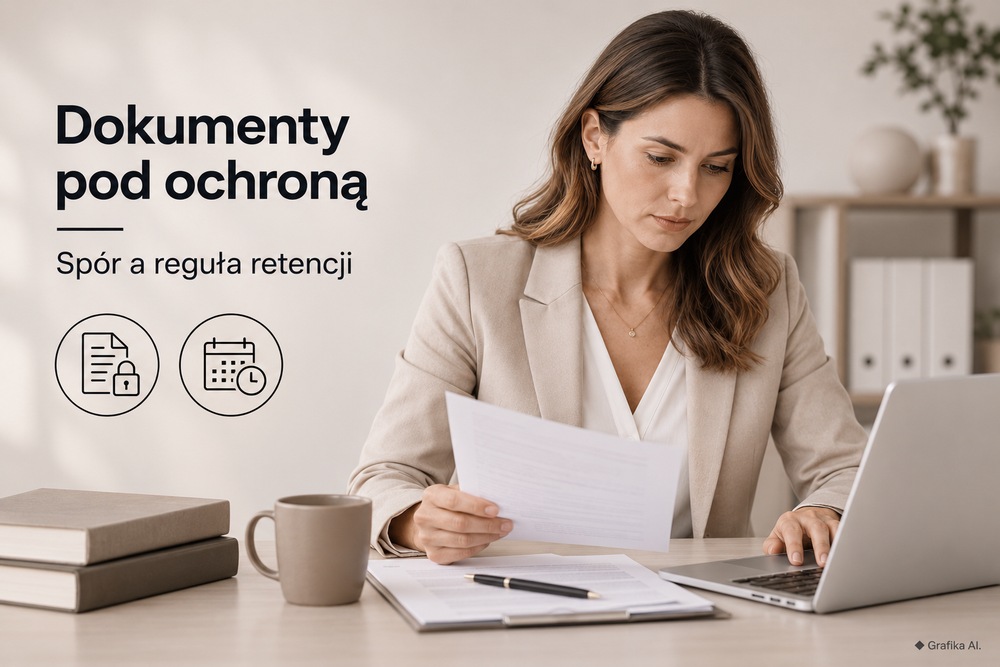 Dokumenty pod ochroną — spór a reguła retencji; kobieta przy laptopie z dokumentami.