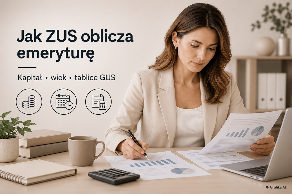 Kobieta analizująca dokumenty emerytalne i kalkulator przy biurku