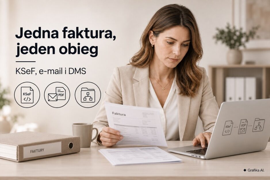 Specjalistka porównuje fakturę z dokumentami przy laptopie i segregatorze – grafika AI