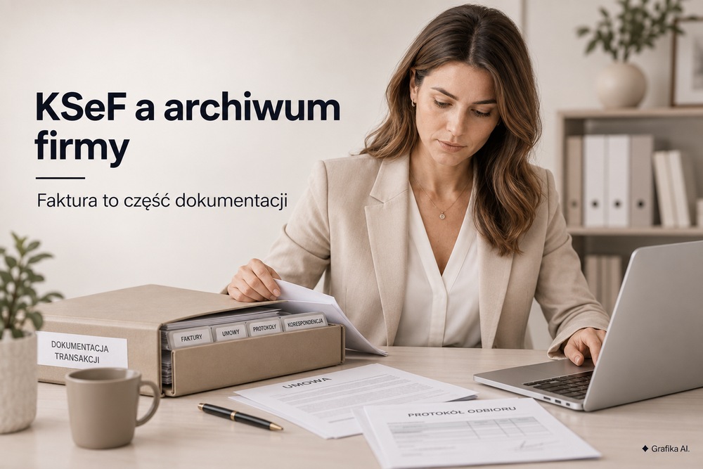 Specjalistka porządkuje umowę, protokół odbioru i teczkę dokumentacji transakcji przy laptopie – grafika AI