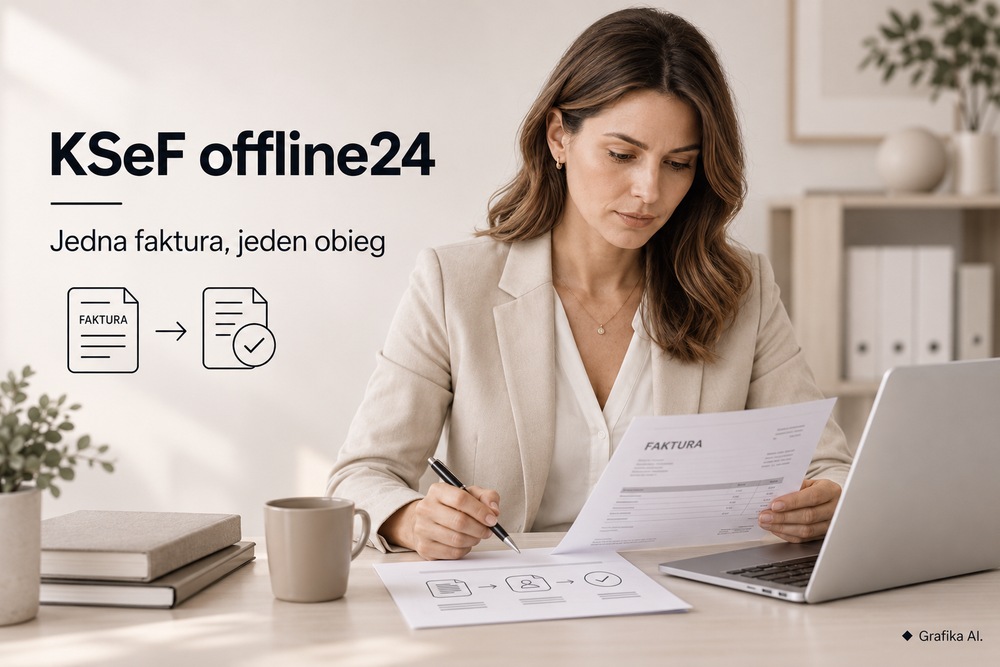 Specjalistka sprawdza fakturę i kartę obiegu dokumentu przy laptopie – grafika AI