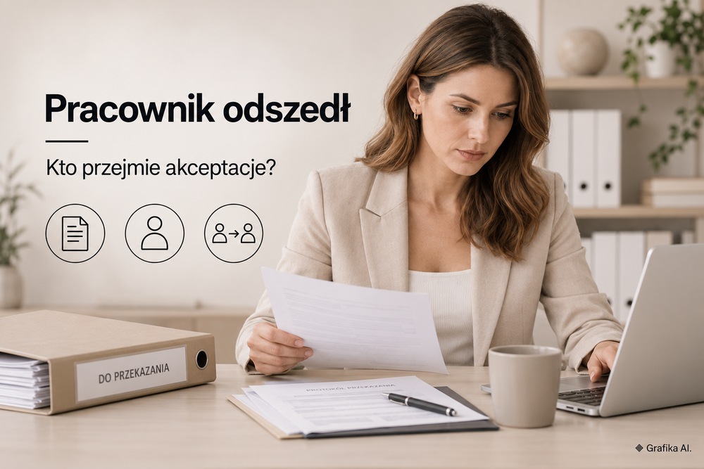 Specjalistka sprawdza dokumenty przy segregatorze do przekazania i laptopie – grafika AI