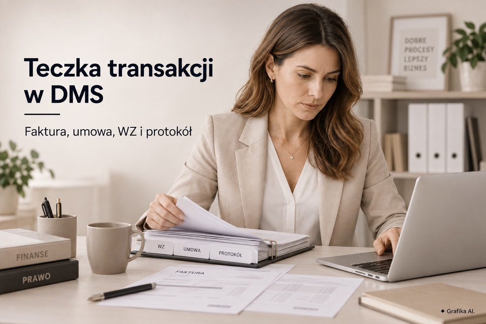 Specjalistka sprawdza fakturę i teczkę zawierającą WZ, umowę oraz protokół odbioru – grafika AI
