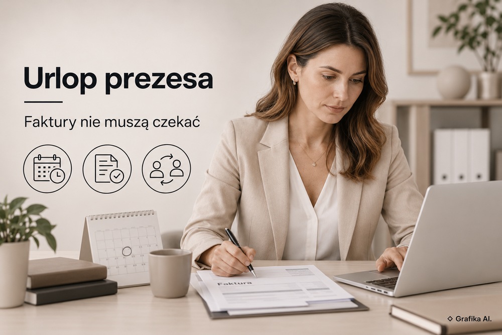 Specjalistka planuje obieg faktur przy laptopie i kalendarzu; ikony zastępstwa i akceptacji – grafika AI