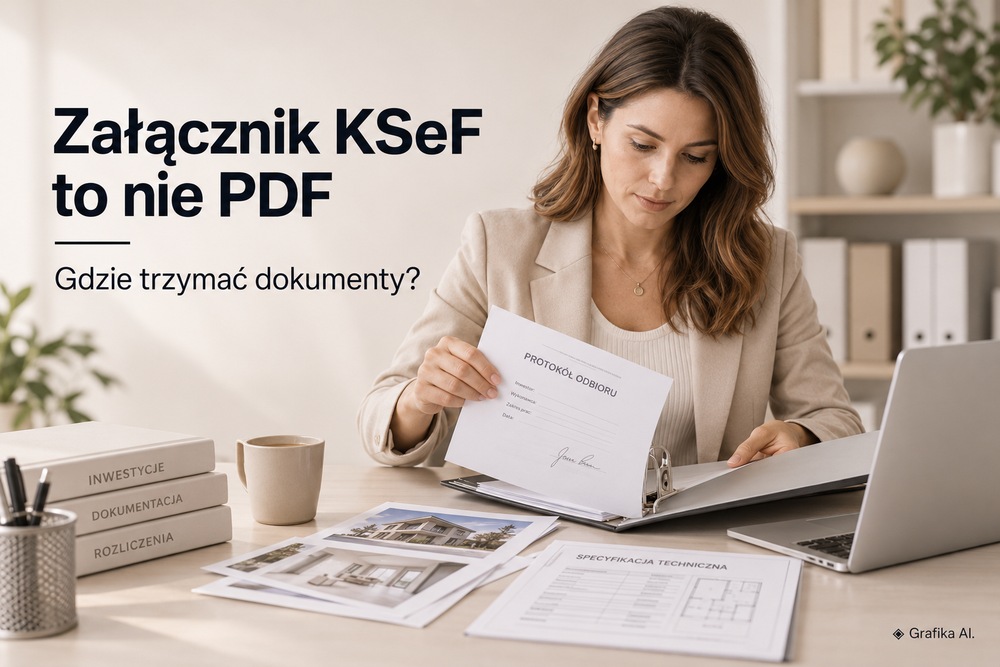 Specjalistka porządkuje protokół odbioru, zdjęcia i specyfikację techniczną obok laptopa – grafika AI